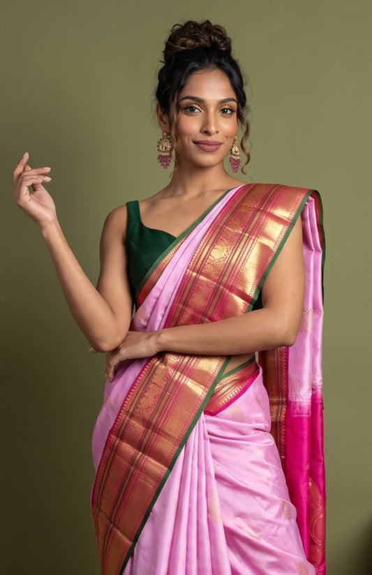 Pink Soft Silk Saree with Zari Stripes