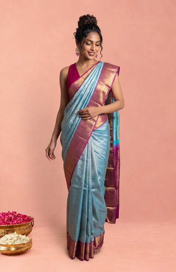 Sky Blue Kanchipuram Silk Saree with Diamond Butta