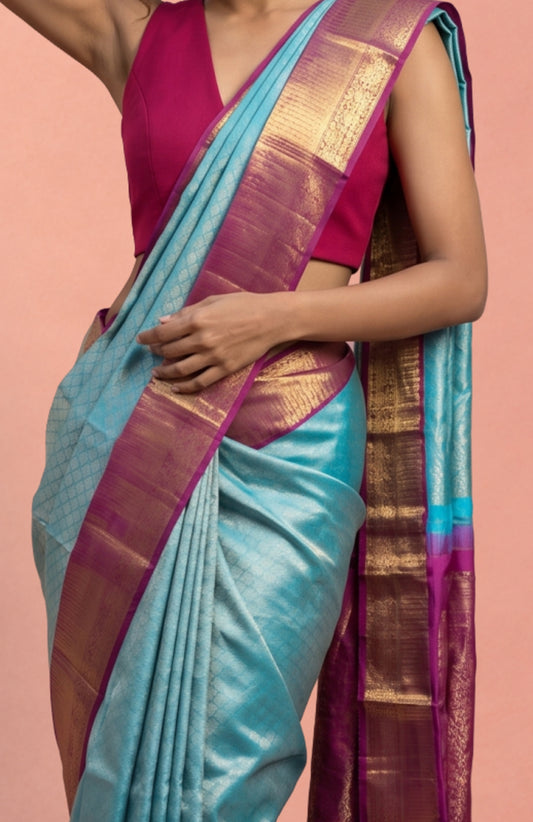 Sky Blue Kanchipuram Silk Saree with Diamond Butta