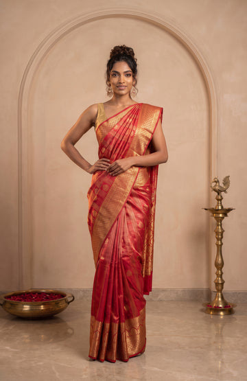 Red Kanchipuram Silk Saree with Silver Zari Mayil Motifs