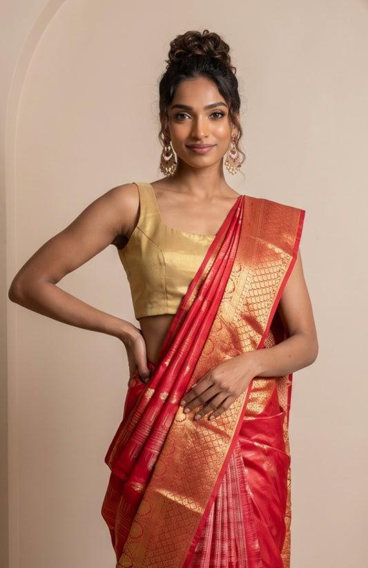 Red Kanchipuram Silk Saree with Silver Zari Mayil Motifs