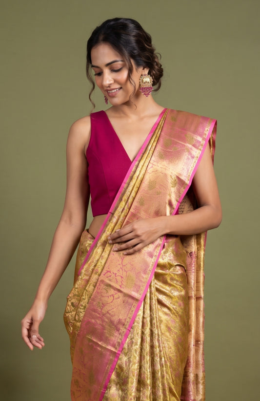 Mehendi Green Kanchipuram Tissue Saree with Floral Jaal Design