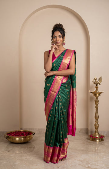 Green Soft Silk Saree with Pink Floral Border