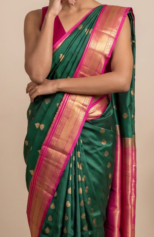 Green Soft Silk Saree with Pink Floral Border