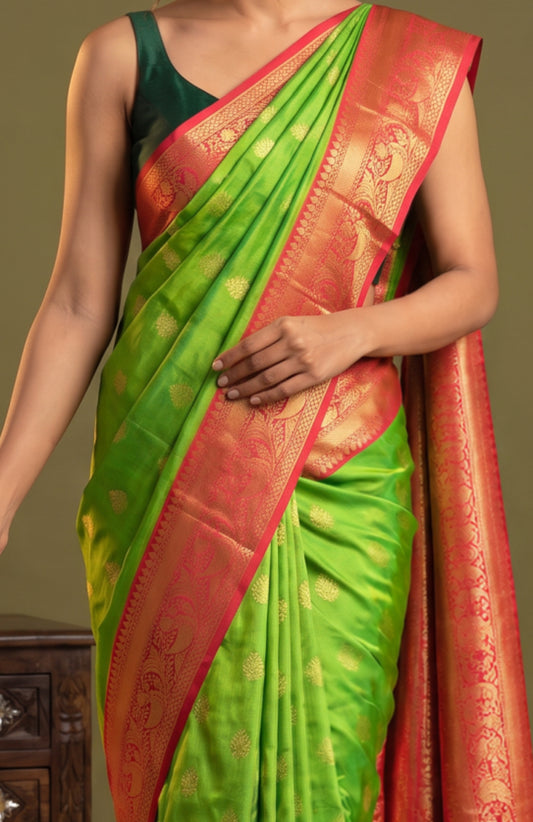 Green Soft Silk Saree with Gold Zari Butta