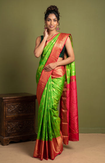 Green Soft Silk Saree with Gold Zari Butta