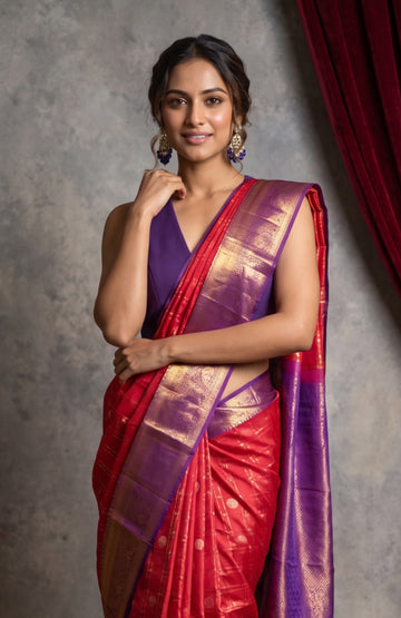 Red Kanchipuram Silk Saree with Zari Checks