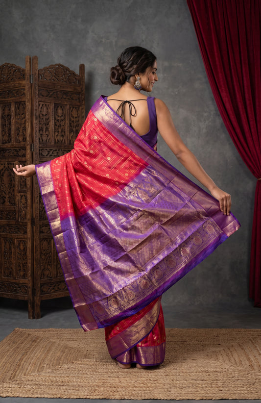 Red Kanchipuram Silk Saree with Zari Checks