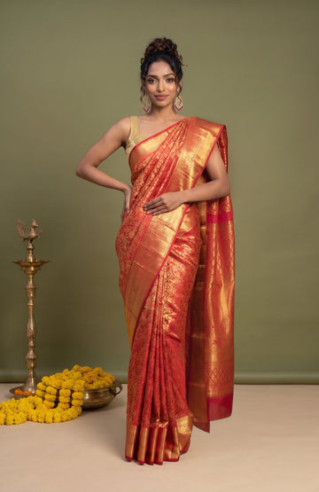 Red Kanchipuram Silk Saree with Gold Zari Jaal