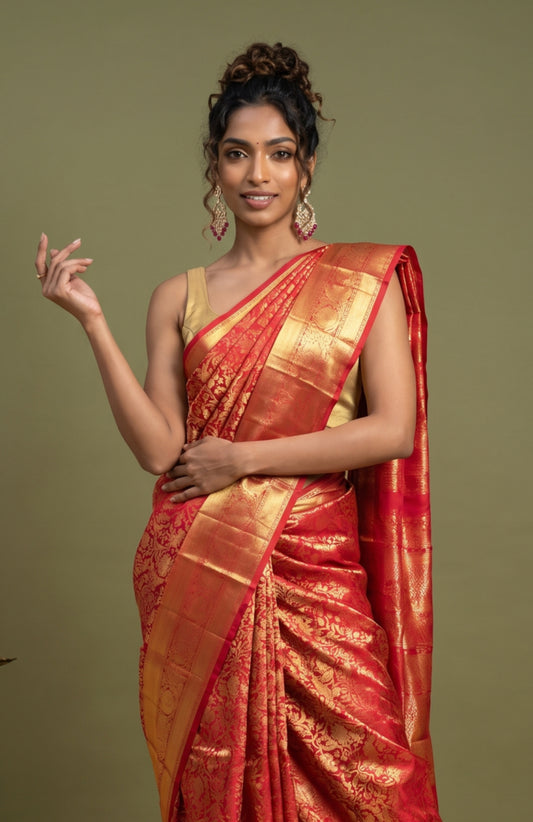 Red Kanchipuram Silk Saree with Gold Zari Jaal