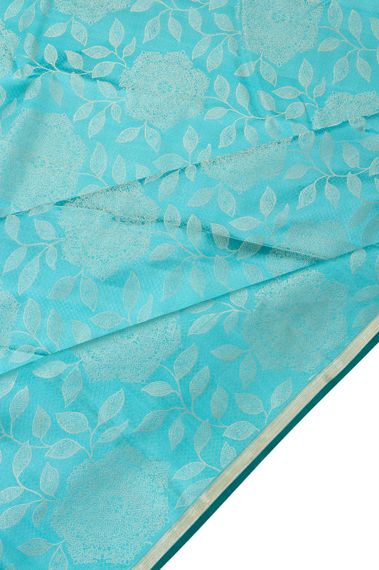 Sea Blue Kanchipuram Silk Saree with Gold and Silver Zari