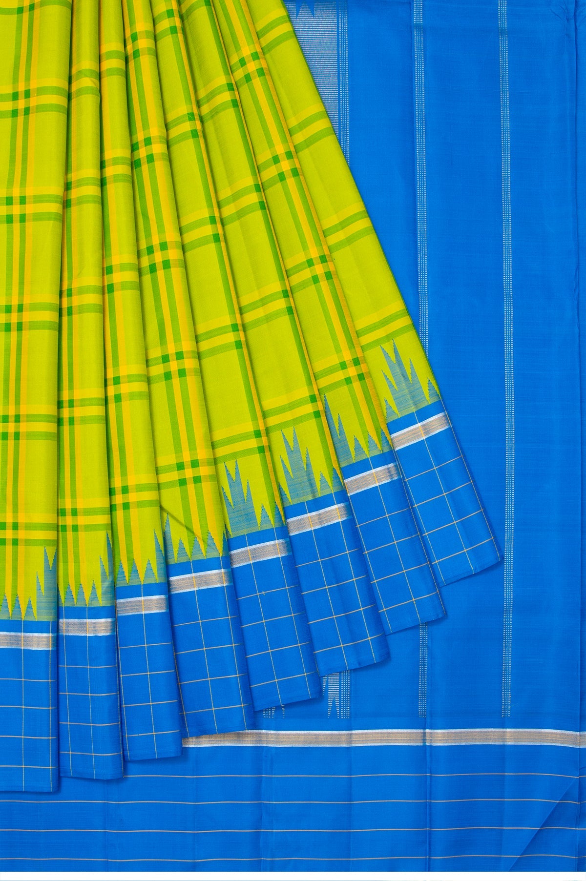 Multi Colour Kanchipuram Silk Saree with Yellow and Green Checks