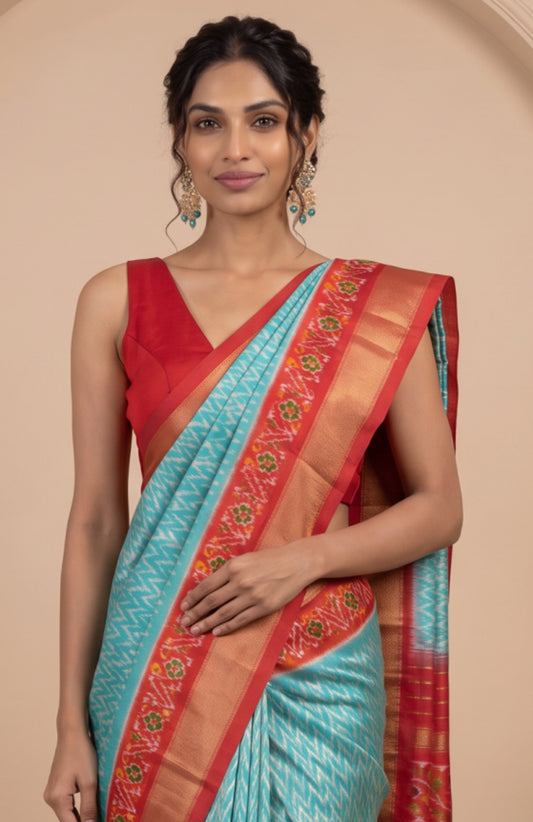 Sea Green Pochampally Ikat Silk Saree with Traditional Ikat Waves