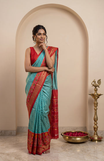 Sea Green Pochampally Ikat Silk Saree with Traditional Ikat Waves