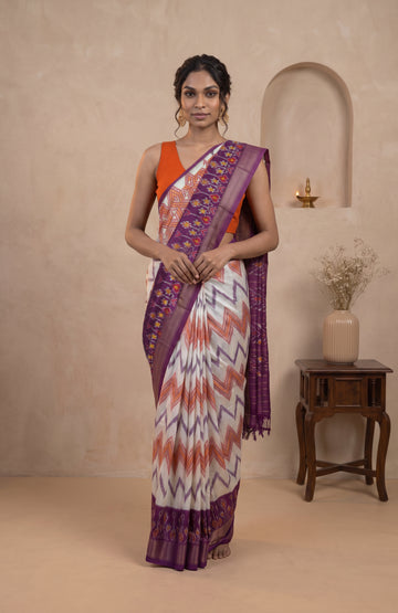 Cream Pochampally Ikat Silk Saree with Multicolour Wave Design