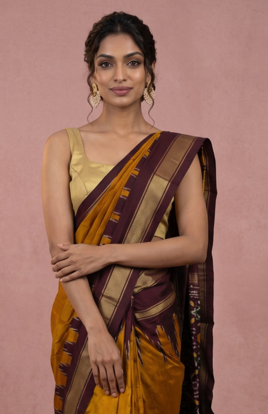 Mustard Pochampally Ikat Silk Saree with Brown Pallu