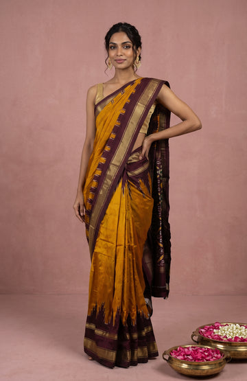 Mustard Pochampally Ikat Silk Saree with Brown Pallu