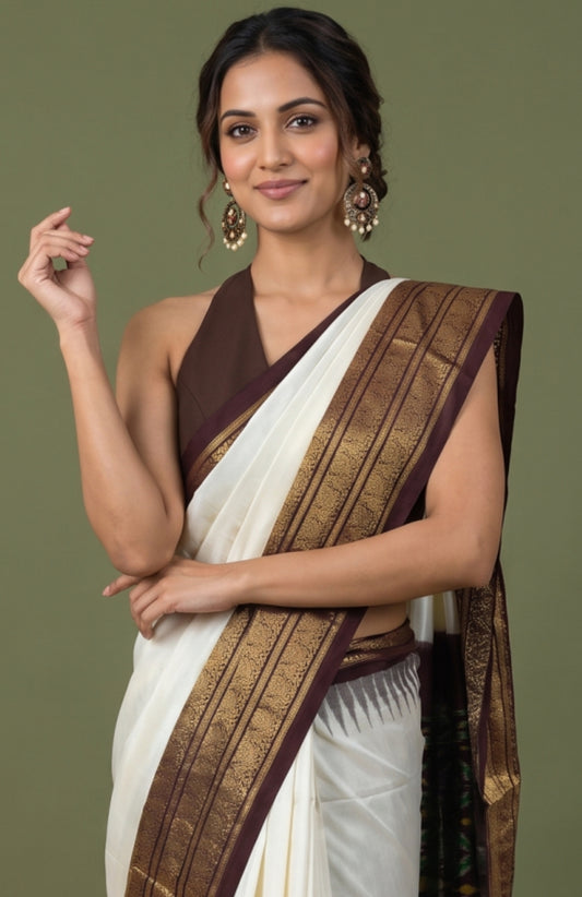 Off-White Pochampally Ikat Silk Saree with Peacock Motifs