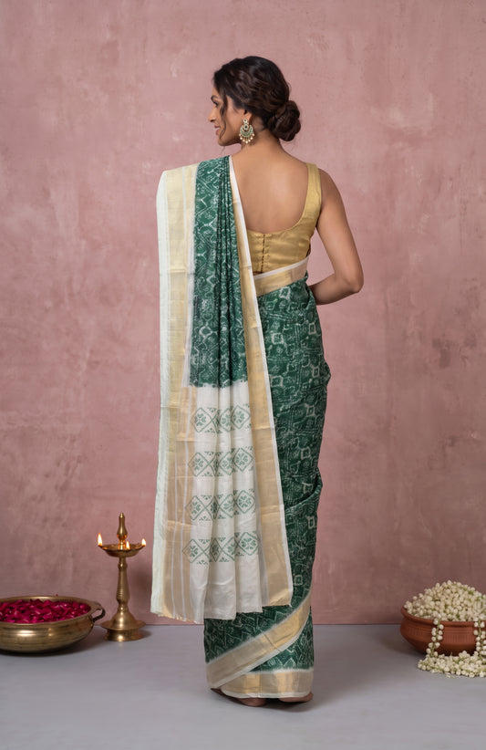 Green Pochampally Ikat Silk Saree with Cream Zari Border
