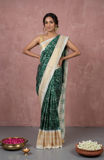 Green Pochampally Ikat Silk Saree with Cream Zari Border