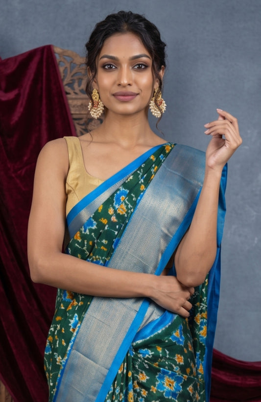Green Pochampally Ikat Silk Saree with Peacock Motif Design