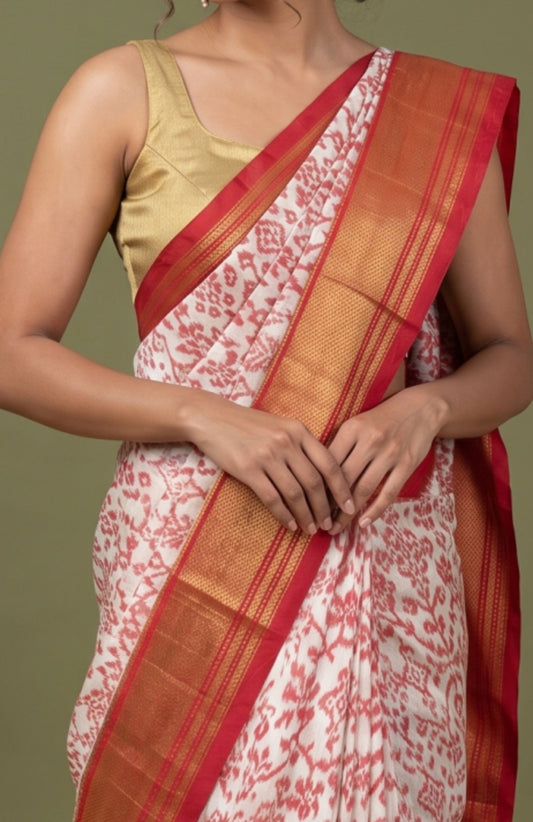 Cream Pochampally Ikat Silk Saree with Red Jaal Weave