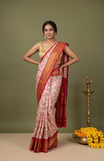 Cream Pochampally Ikat Silk Saree with Red Jaal Weave