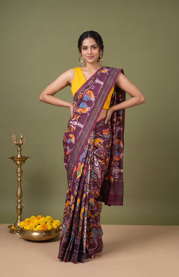 Maroon Pochampally Ikat Silk Saree with Peacock Jaal