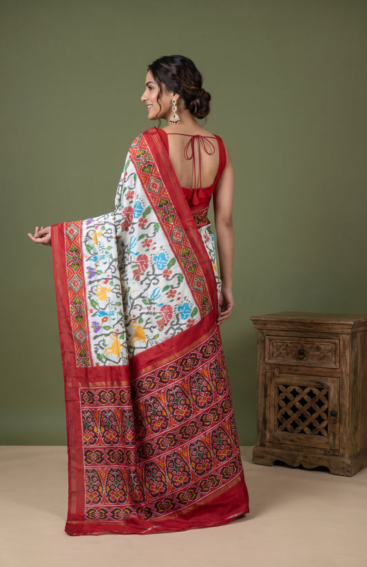 Off-White Pochampally Ikat Silk Saree with Multicolour Jaal