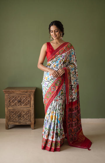 Off-White Pochampally Ikat Silk Saree with Multicolour Jaal