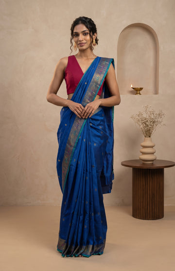 Ananda Blue Kanchipuram Silk Saree with Meenakari Mayil Motifs