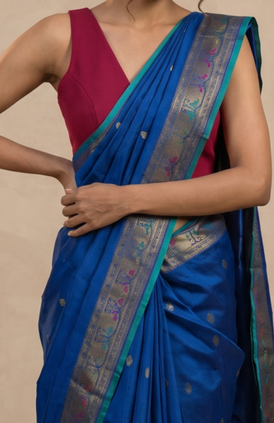 Ananda Blue Kanchipuram Silk Saree with Meenakari Mayil Motifs