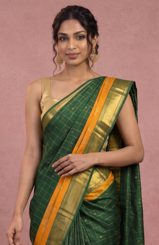 Green Kanchipuram Silk Saree with Rangoli Motifs