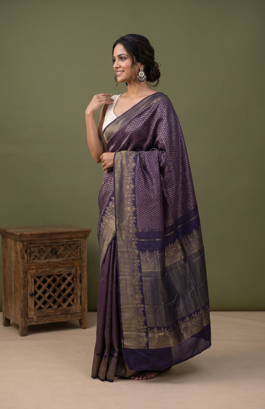Navy Blue Kanchipuram Silk Saree with Gold & Silver Zari Work