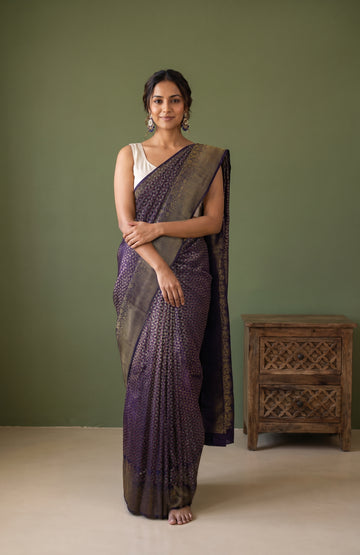 Navy Blue Kanchipuram Silk Saree with Gold & Silver Zari Work