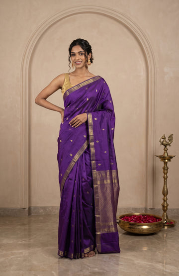 Violet Kanchipuram Silk Saree with Rudraksha Motifs