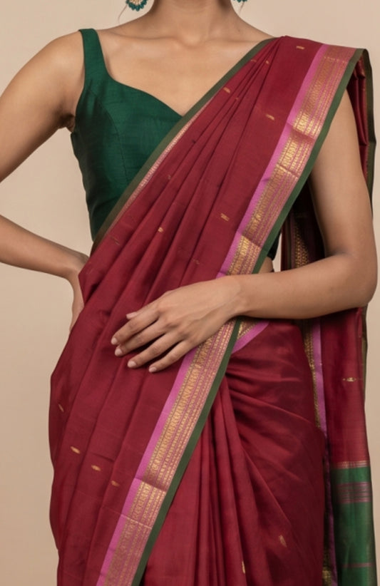 Maroon Kanchipuram Silk Saree with Mayil & Yali Motifs