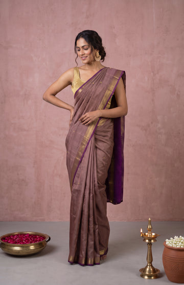 Brown Kanchipuram Silk Saree with Rudraksha Zari Motifs