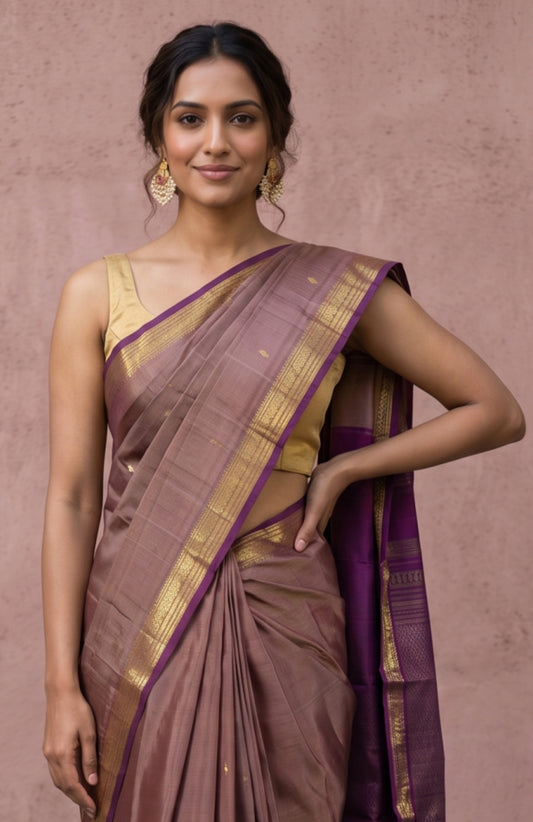 Brown Kanchipuram Silk Saree with Rudraksha Zari Motifs
