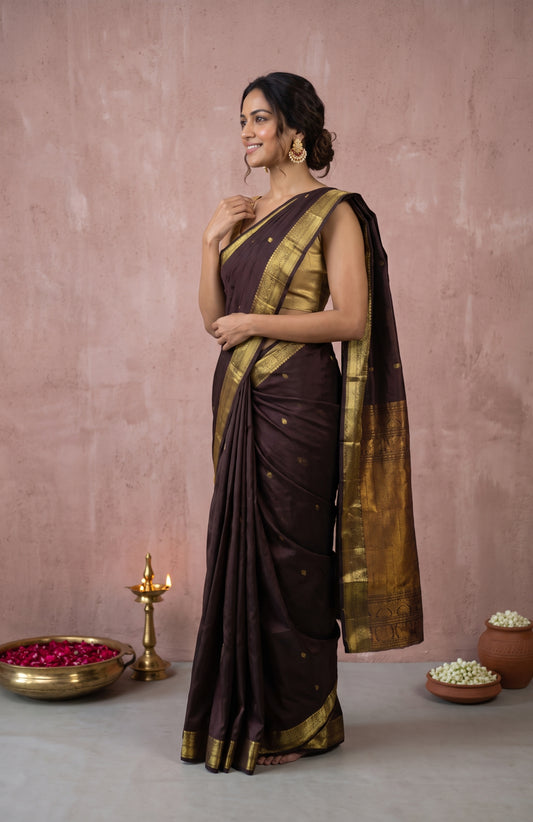 Brown Kanchipuram Silk Saree with Floral Zari Motifs