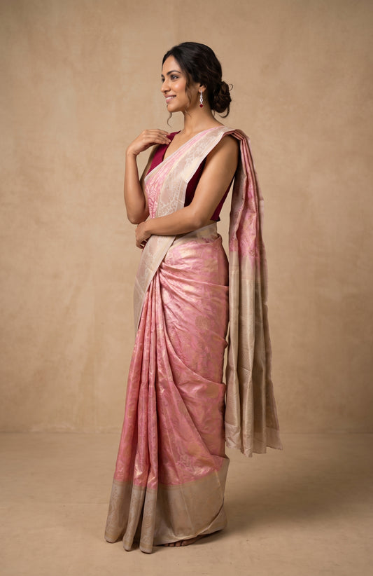 Pink Kanchipuram Silk Saree with Grey Zari Border