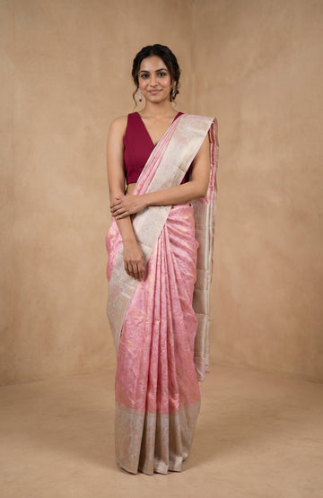 Pink Kanchipuram Silk Saree with Grey Zari Border