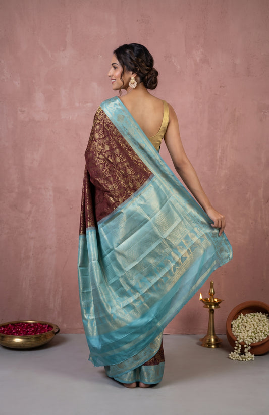 Brown Kanchipuram Silk Saree with Sea Blue Mayil Border