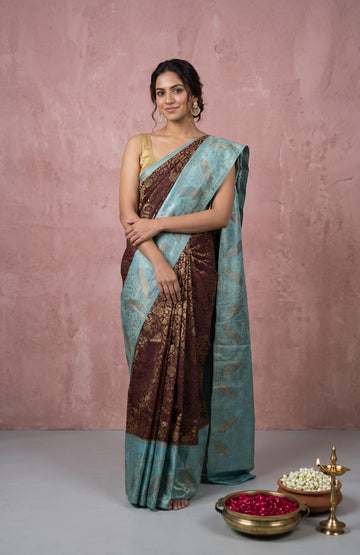 Brown Kanchipuram Silk Saree with Sea Blue Mayil Border