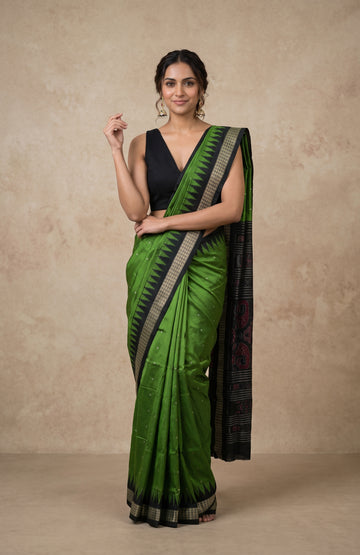 Green Bomkai Silk Saree with Temple Motifs