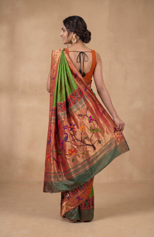 Green Paithani Silk Saree with Elephant & Parrot Motifs
