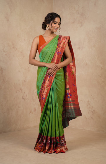 Green Paithani Silk Saree with Elephant & Parrot Motifs