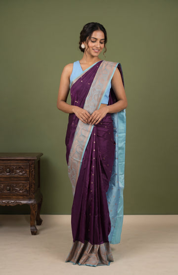 Purple Banaras Katan Silk Saree with Sea Blue Zari Border