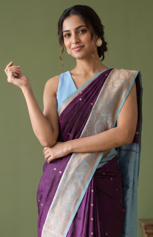 Purple Banaras Katan Silk Saree with Sea Blue Zari Border