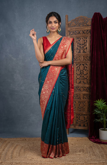 Peacock Green Banaras Katan Silk Saree with Maroon Floral Pallu